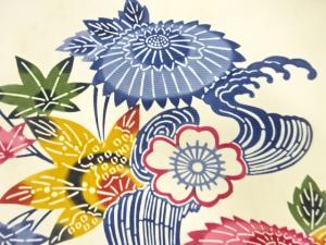 アンティーク　塩瀬　型染　流水に草花模様名古屋帯